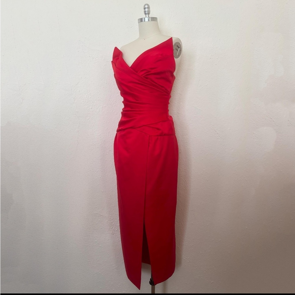 1990’s Vintage Victor Costa red Peau de Soie strapless pointed bust M L dress